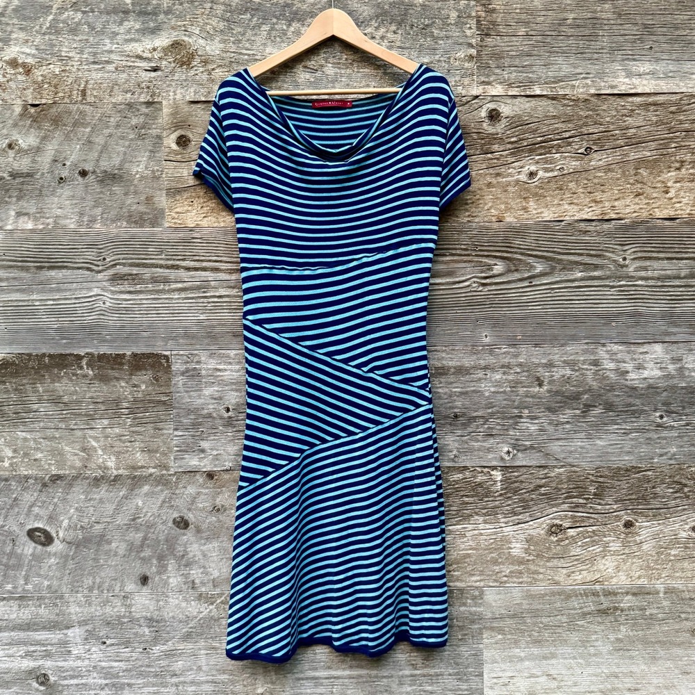 Krimson & Klover Striped Cowl Neck Knit Dress M Navy Teal Coastal Preppy Stretch